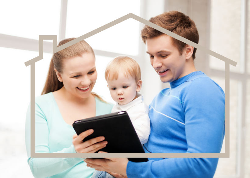home, real estate and family concept - family with child, dream house and tablet pc
