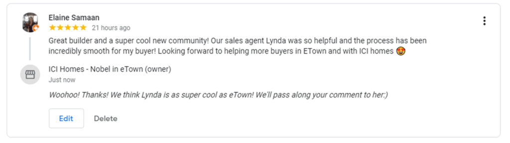 Five star Google review from a Realtor praising Lynda Winters and eTown
