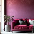 Living room in trend viva magenta color 2023 year. A bright sofa