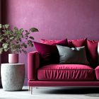 Living room in trend viva magenta color 2023 year. A bright sofa